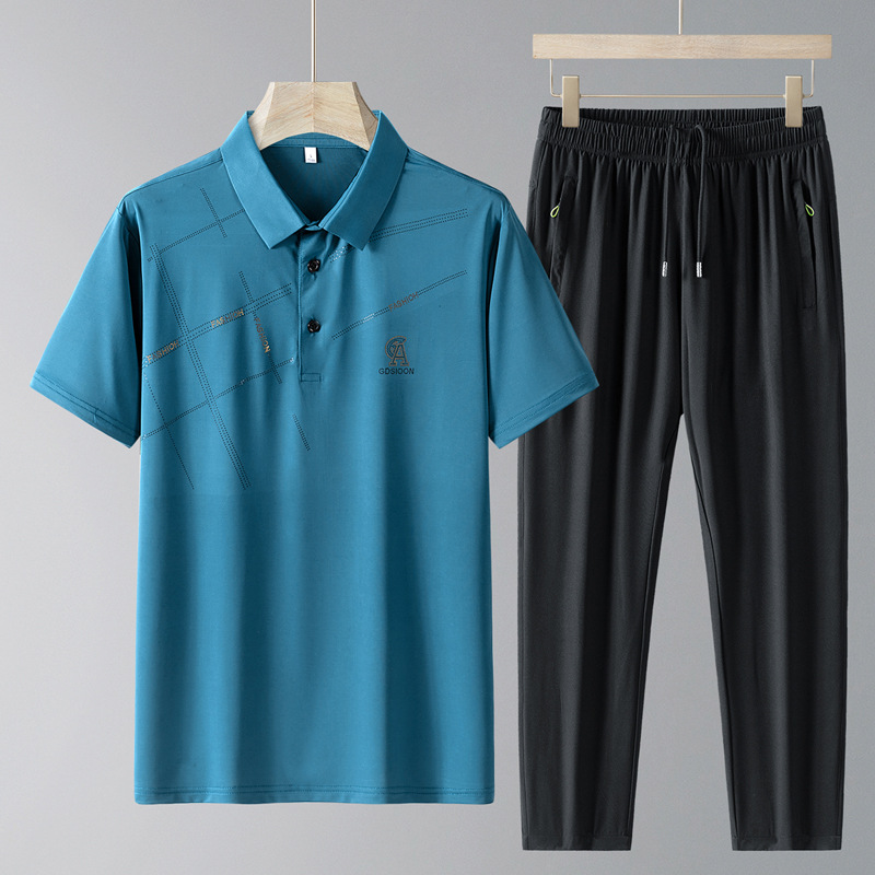 Traje casual de seda de hielo de verano para papá Camisa POLO de manga corta delgada de verano para hombres Traje de dos piezas de deportes de secado rápido para personas mayores y de mediana edad