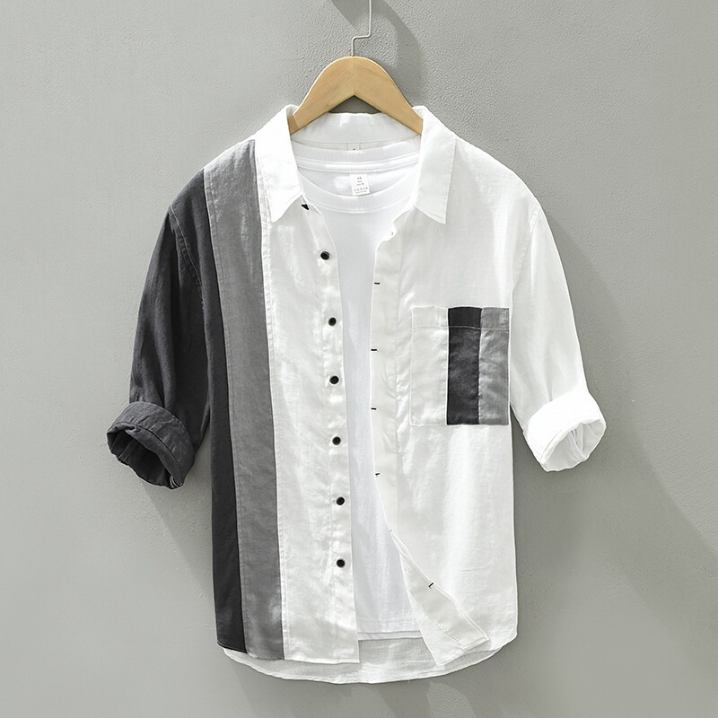 Designed with a Sense of Style, Color-Blocked Linen Short-Sleeve Shirt for Men, Summer Japanese Style, Trendy Three-Quarter Sleeve, All-Linen Casual Shirt
