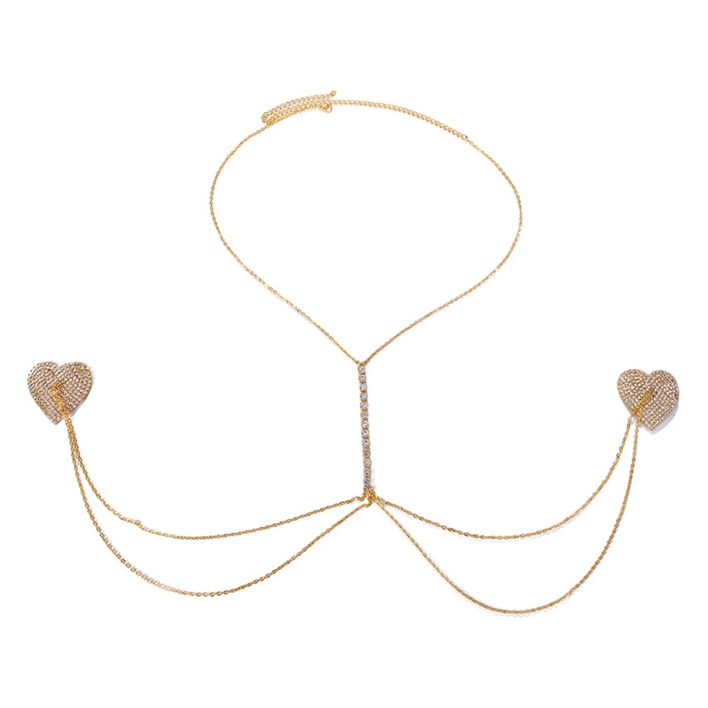 Europa y América caliente-Venta en forma de corazón rhinestone pegatinas en el pecho de las mujeres sexy Halter brillante Cadena de pecho de múltiples capas cadena de la cadena del cuerpo