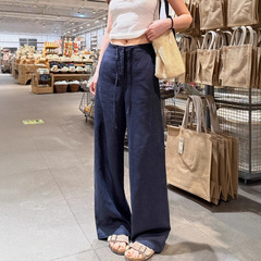 藏青色天丝亚麻阔腿裤女2025夏季薄款高端抗皱垂感透气直筒拖地裤