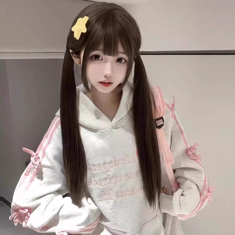 Connie [Sweet Girl] Peruka z długimi włosami dla kobiet, codzienny styl Lolita, prosty podwójny kucyk, kostium JK na całą głowę