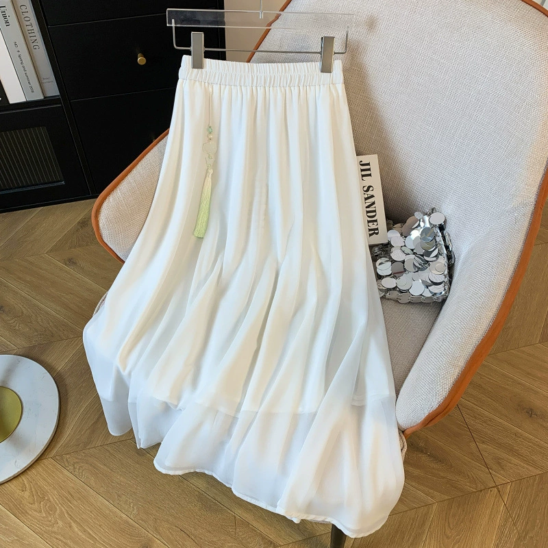 0813 # Реальный снимок новой элегантной юбки в китайском стиле в национальном стиле, лето 2025, высококачественная универсальная шифоновая юбка с кисточками