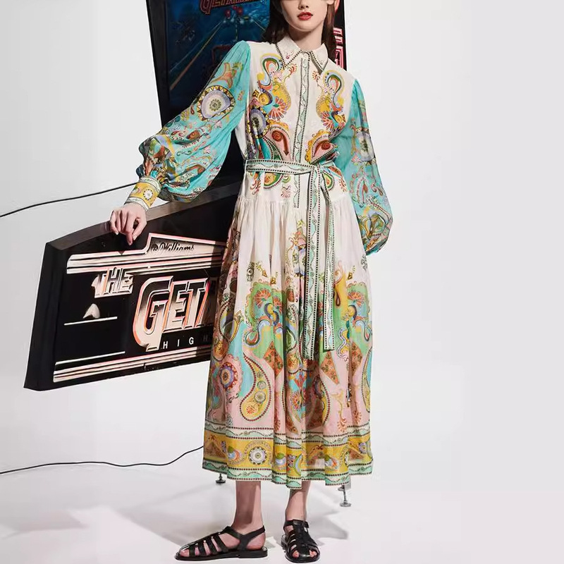 Light luxury women's wear Bohemian era print lace-up bubble sleeve dress