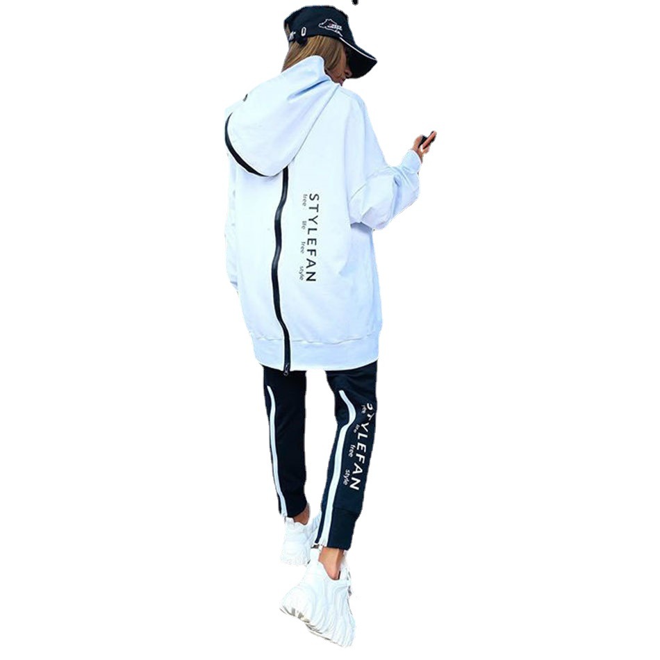 001 European American Style Autumn Winter Zipper Front Back Letter Print Loose Long Sweatshirt And Pants Casual Sports Set_voghion.com