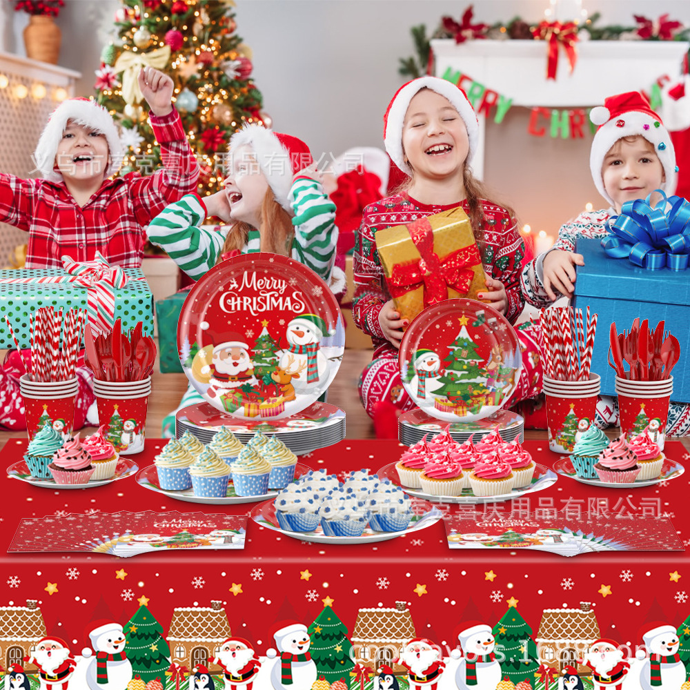 Nuevos artículos de decoración de la fiesta de Navidad bandeja de papel desechable taza de papel toallas de bandera de dibujo de decoración de platos