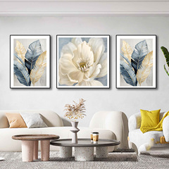 Living Room Sofa Background Wall Decor Abstract Floral Painting, High-End and Atmospheric, Engraved Texture Leather Triptych
