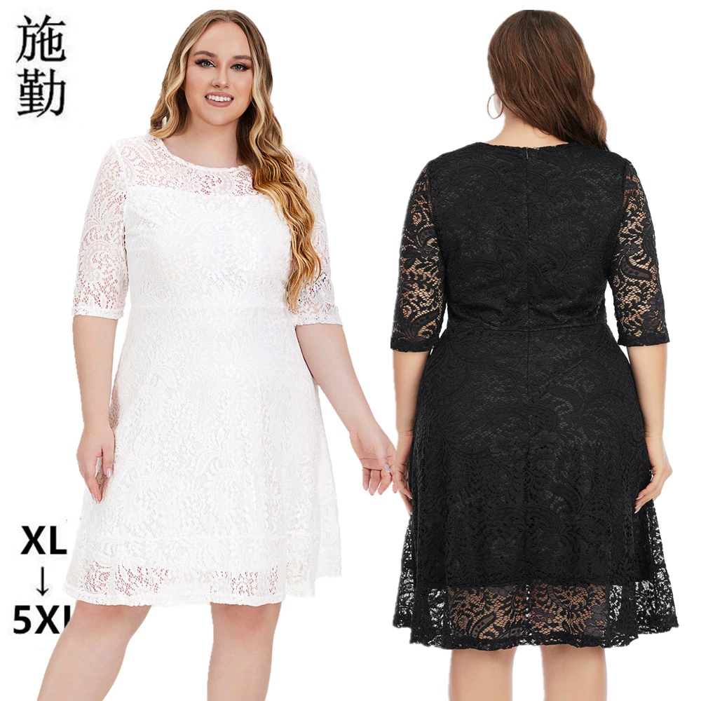 2025 Amazon весна-лето новый европейский и американский большой размер женщины с круглым вырезом кружева платье средней длиной SQ0156