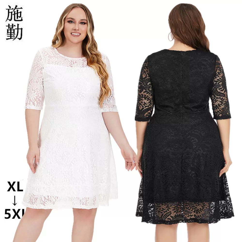 亚马逊春夏新款欧美大码女装圆领蕾丝中长款礼服连衣裙现货批发