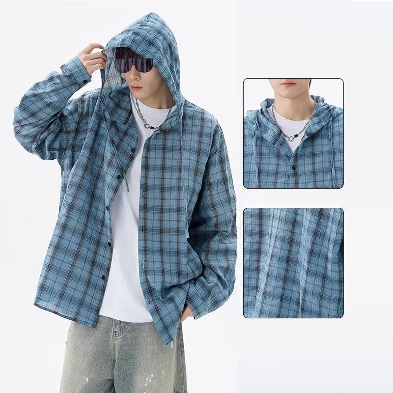 Gray Hooded Plaid Long-Sleeved Shirt for Men and Women, Handsome Jacket for Couples, Trendy Brand Loose Shirt, Sun Protection Hoodie Jacket