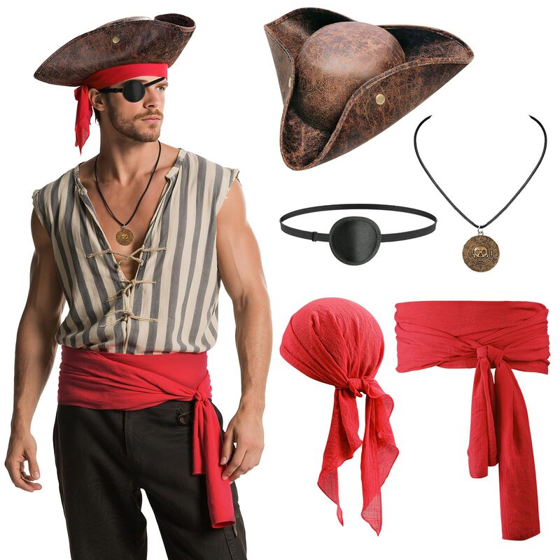 Pirate Costume Accessories Set Men's Halloween Pirate Hat Bandana Belt Eye Mask Necklace Cosplay Xp061