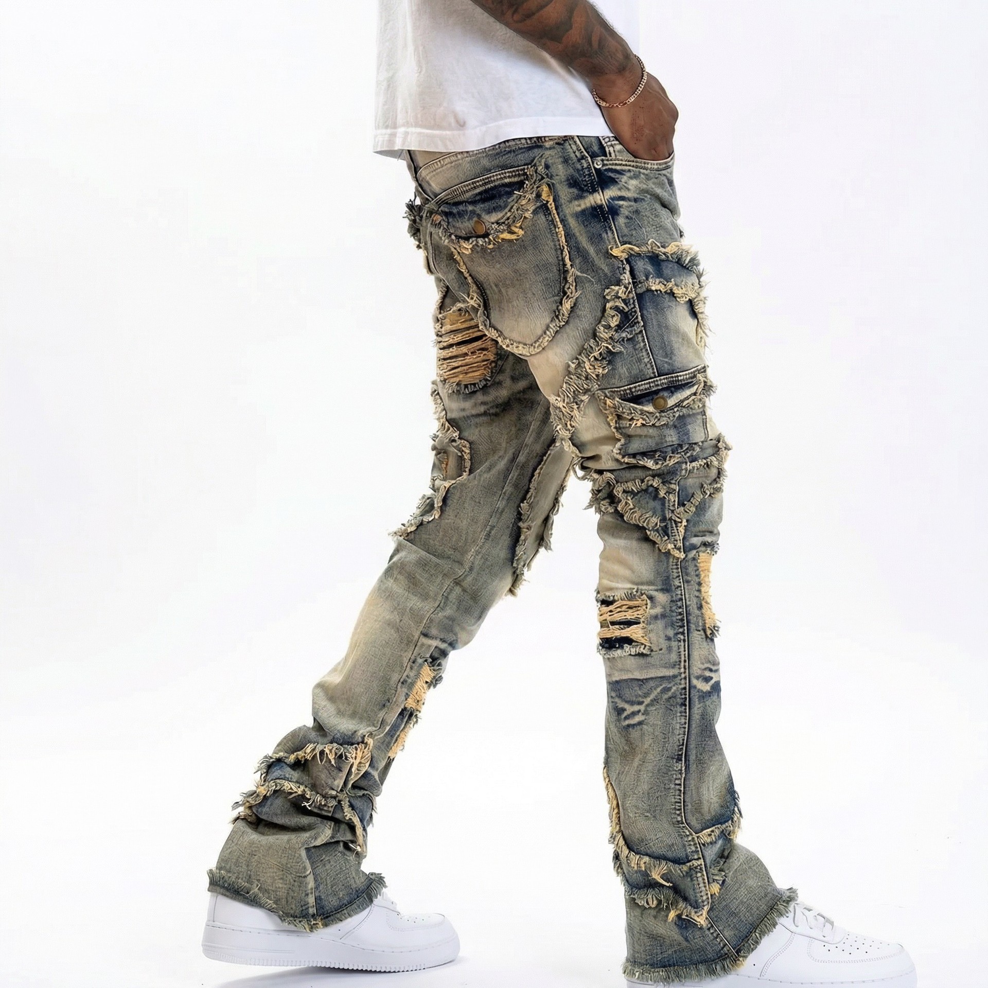 Transfronterizo para hombres europeos y estadounidenses agujeros microliscados Jeans elásticos Amazon Aliexpress TEMU nuevo