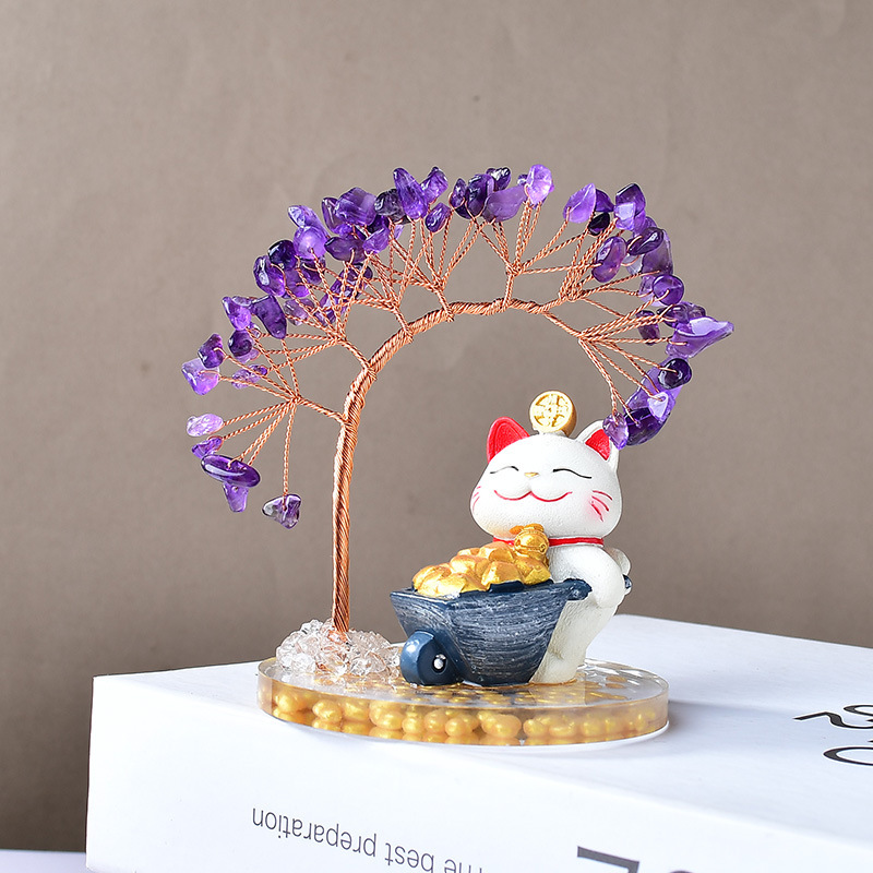 天然水晶フォーチュンツリー招き猫装飾品車ホームオフィスレジデスクトップアクセサリークリスマスギフト|undefined
