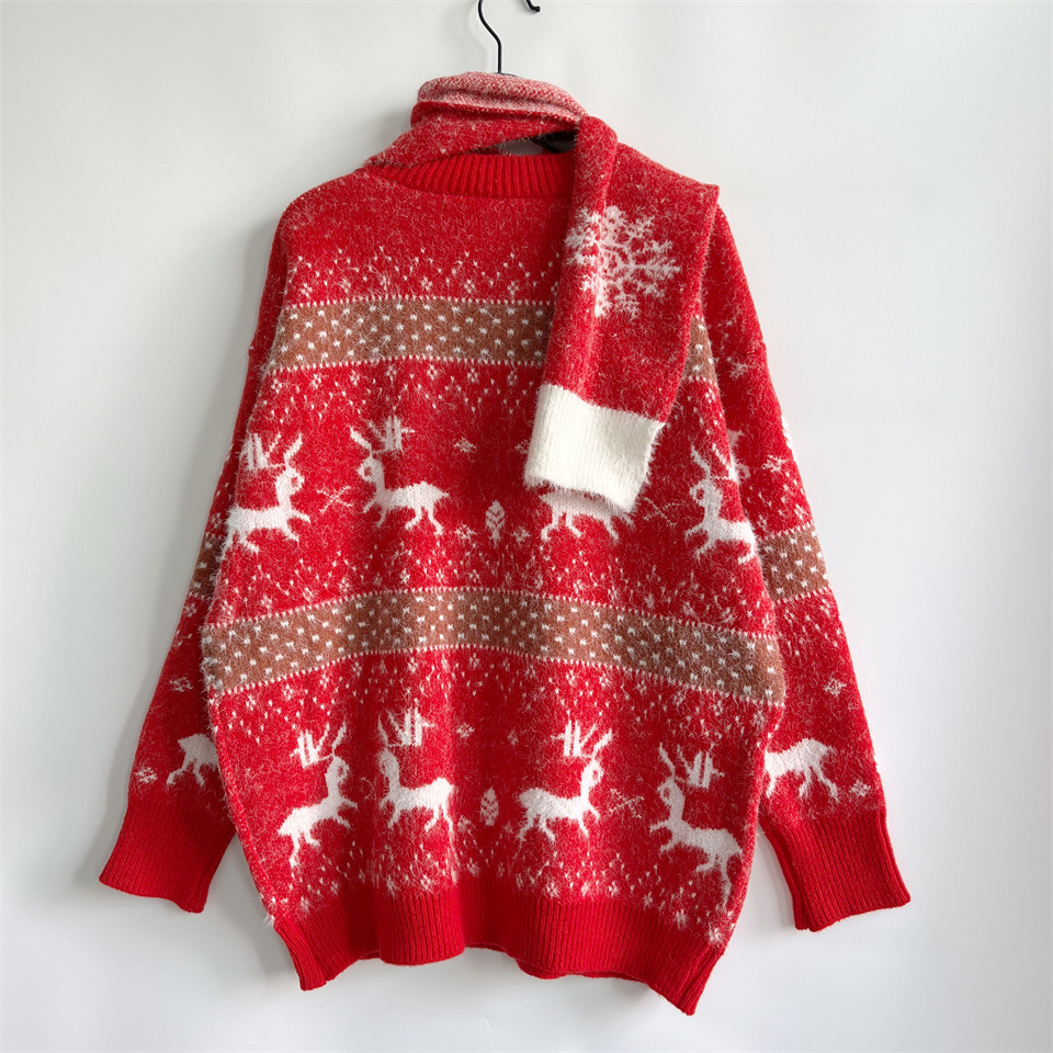 Vêtements pour femmes automne et hiver nouveau col rond manches longues cerf flocon de neige jacquard pull de Noël écharpe deux pièces ensemble_voghion.com