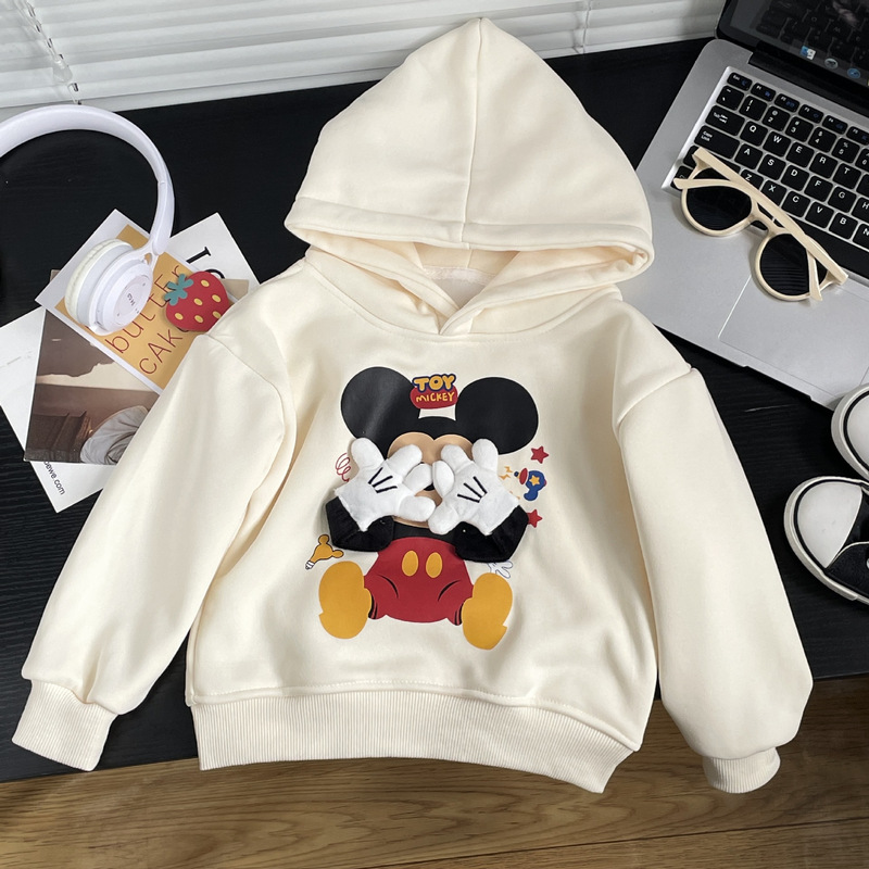2025 New Style Mickey Stereo Doll Decoration Fleece-Lined Hooded Sweatshirt for Boys and Girls, Korean Style Foreign Style Children's Clothing Jacket