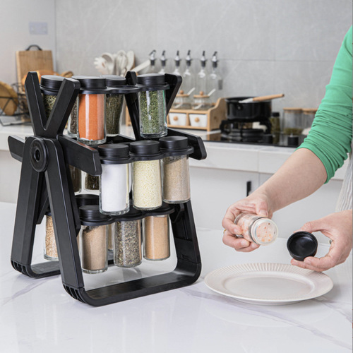 Set of revolving skyscraper glass condiment rack, condiment bottles, spice jars, seasoning bottles