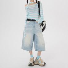 美式高街阔腿七分裤女夏季新款浅色马裤高腰宽松显瘦五分牛仔长裤