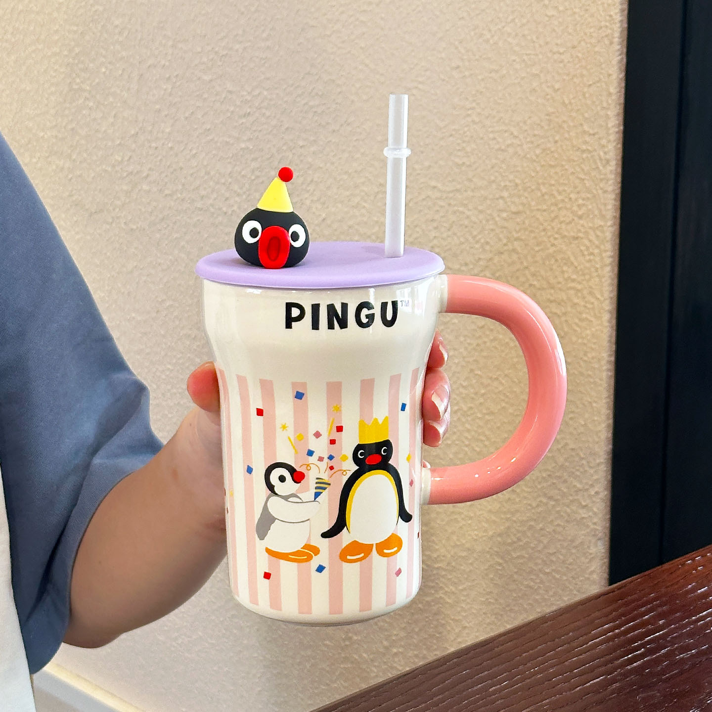 Tao Dian Pingu familia de pingüinos de dibujos animados lindos tazas de paja para parejas en el hogar tazas de agua de gran capacidad