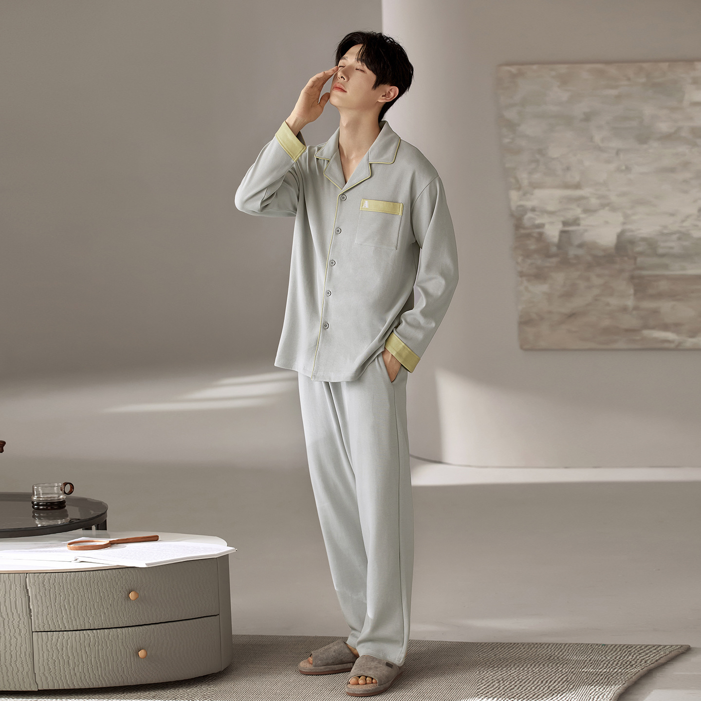 Combed Cotton Pajamas Men's Autum Lapel Cardigan Long-Sleeved Pants Large Size Can Be Worn Outside Teenagers Home Clothes Set