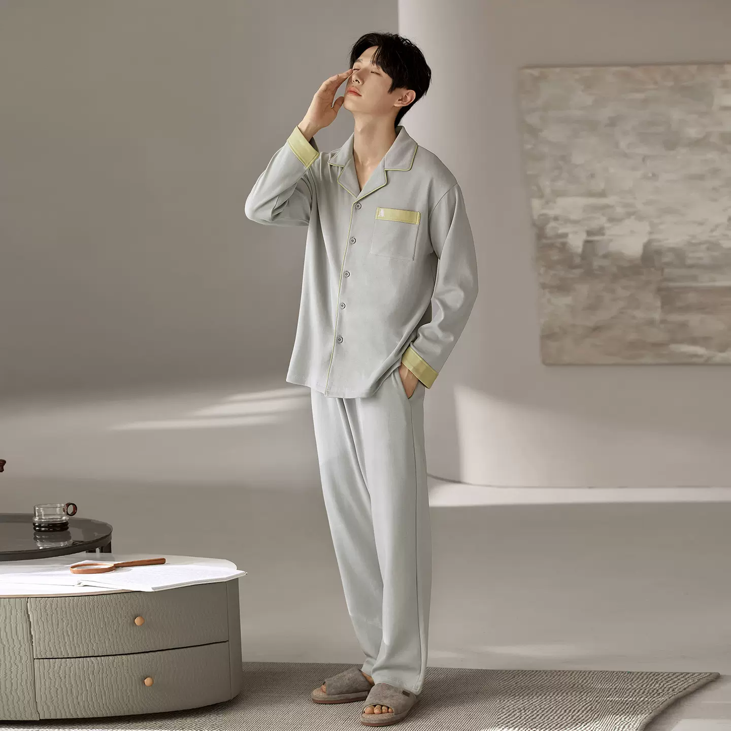 精梳纯棉睡衣男秋季翻领开衫长袖长裤大码可外穿青少年家居服套装