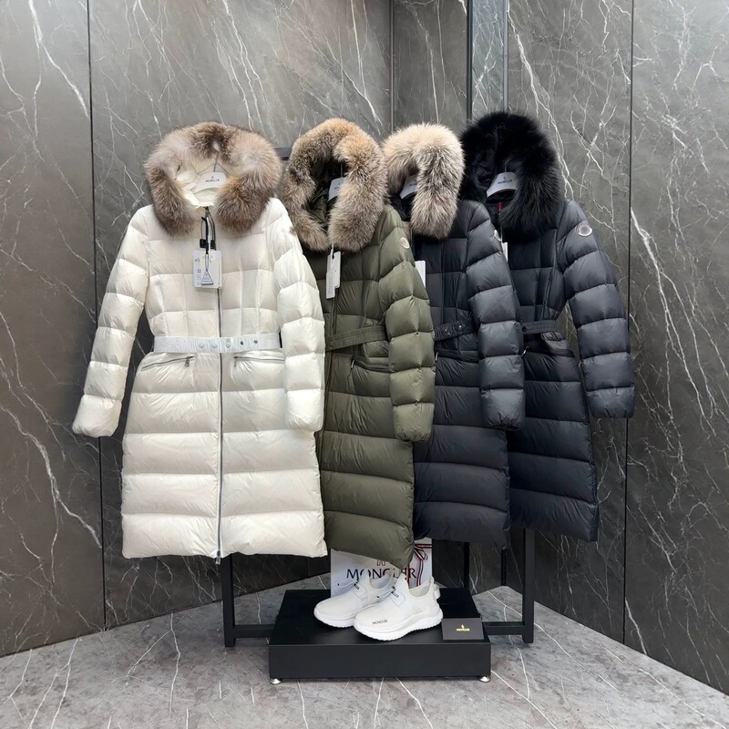 Moncler 22FW Boedic long women's down jacket with fur collar, hooded, slim fit, with waist belt