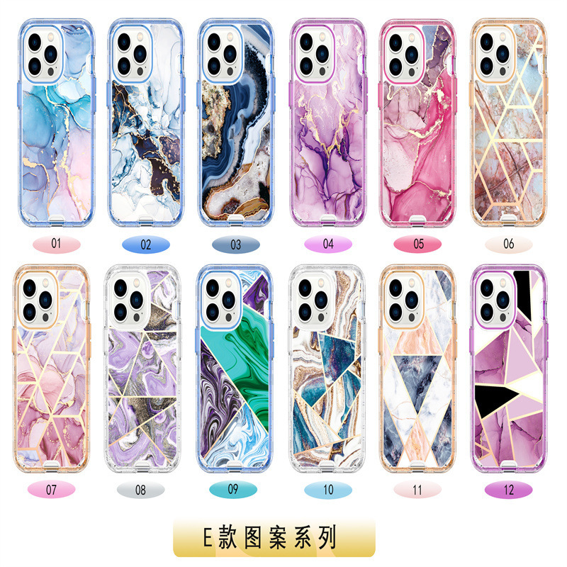 Foreign Trade Electroplated Splicing Marble Three-In-One Suitable Ip16E Mobile Phone Case All-Inclusive Anti-Fall 17Promax Hard Case