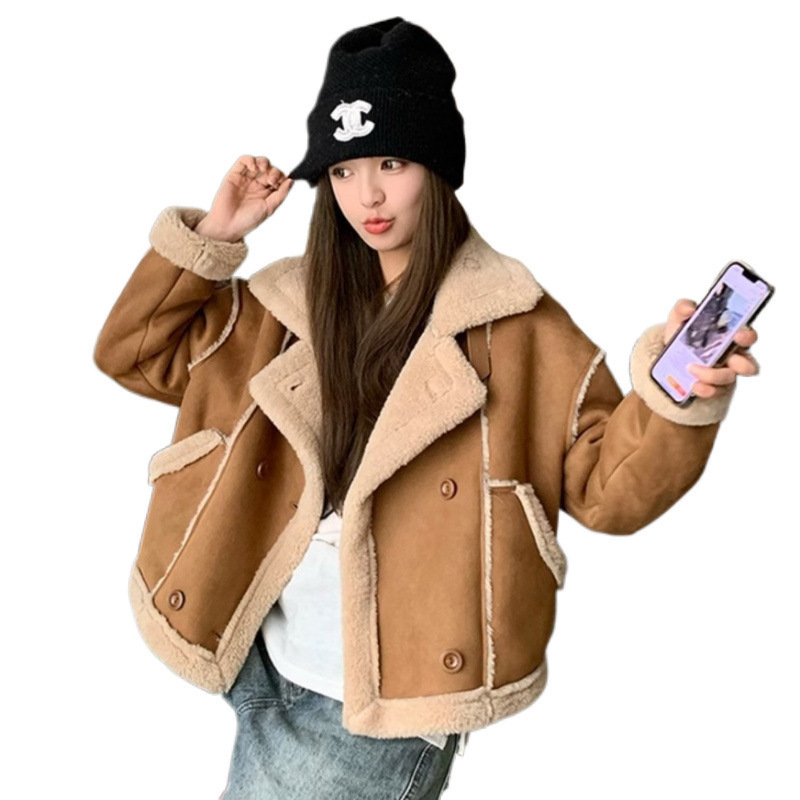 秋冬の女性用毛皮一体型ショートコート、ハイネック模造鹿革ベルベット、レイジースタイル、ゆったり痩身バイクウェア、Shenglong|undefined