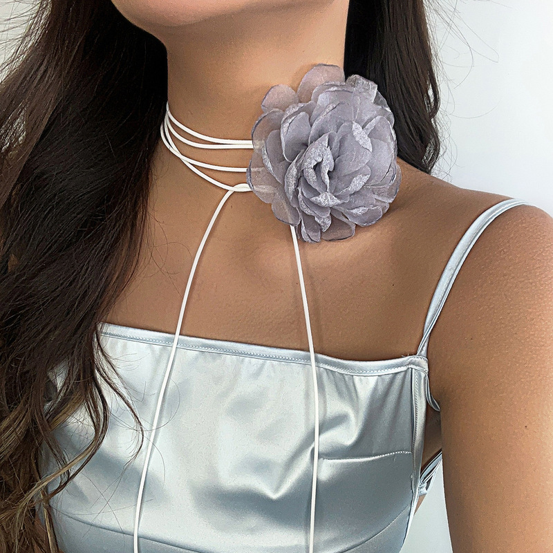Creative Handmade Mesh Flower Choker Necklace Women's DIY Ribbon Claw Chain Large Flower Item European and American Cross-border Jewelry