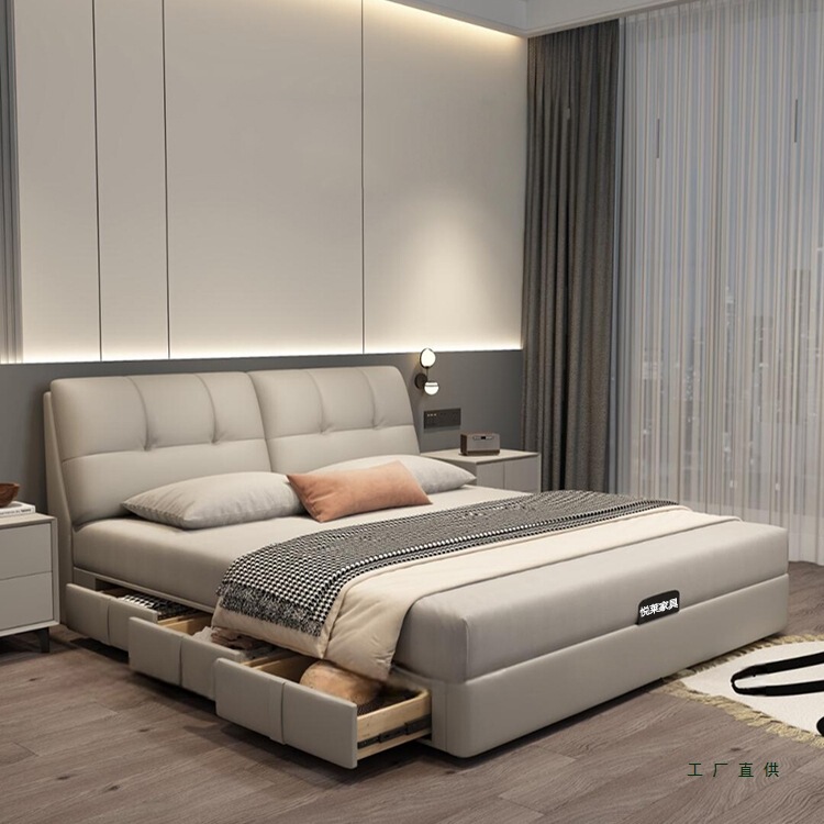 Home Genuine Leather Bed 1.8m Double Bed Master Bedroom Large Bed High-End Elegant Storage High Box Bed 1.5m Storage Wedding Bed