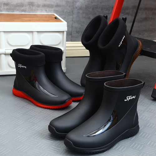Waterproof drawstring mouth rain boots for men, water shoes, rubber shoes, rain boots, short to medium length, all cowhide sole, anti-slip, waterproof, oilproof, chef shoes