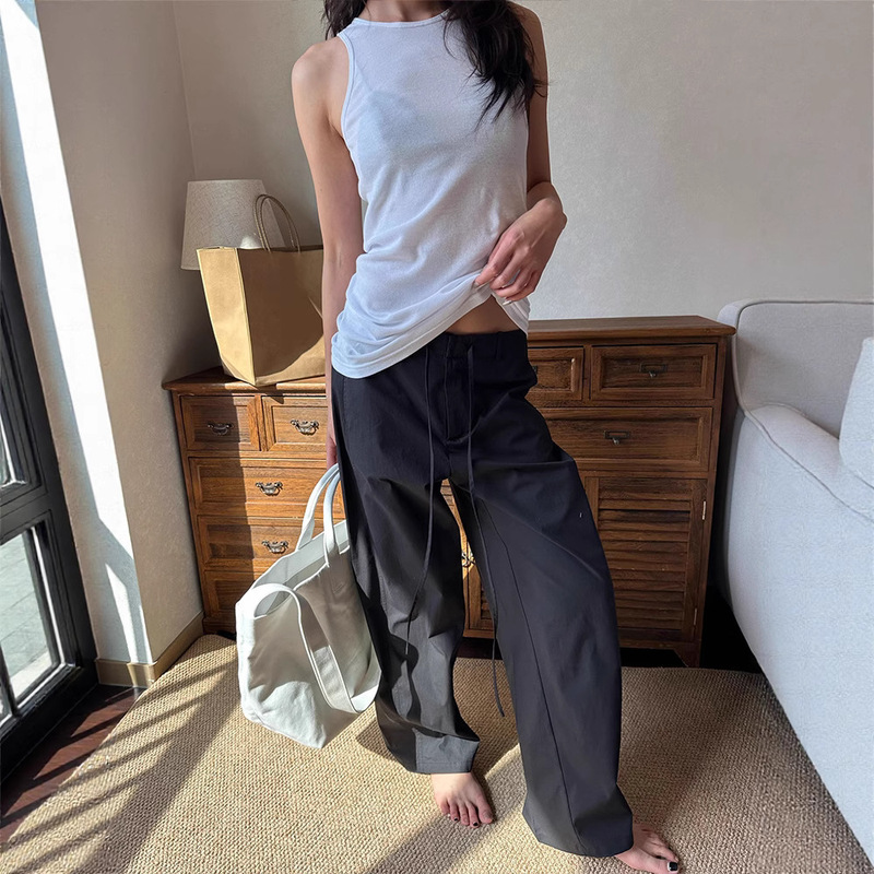 In-Stock American Retro Scimitar Casual Pants Sickle Cocoon Shape Mid-Low Waist Loose Straight Slimming Drawstring Cargo Pants
