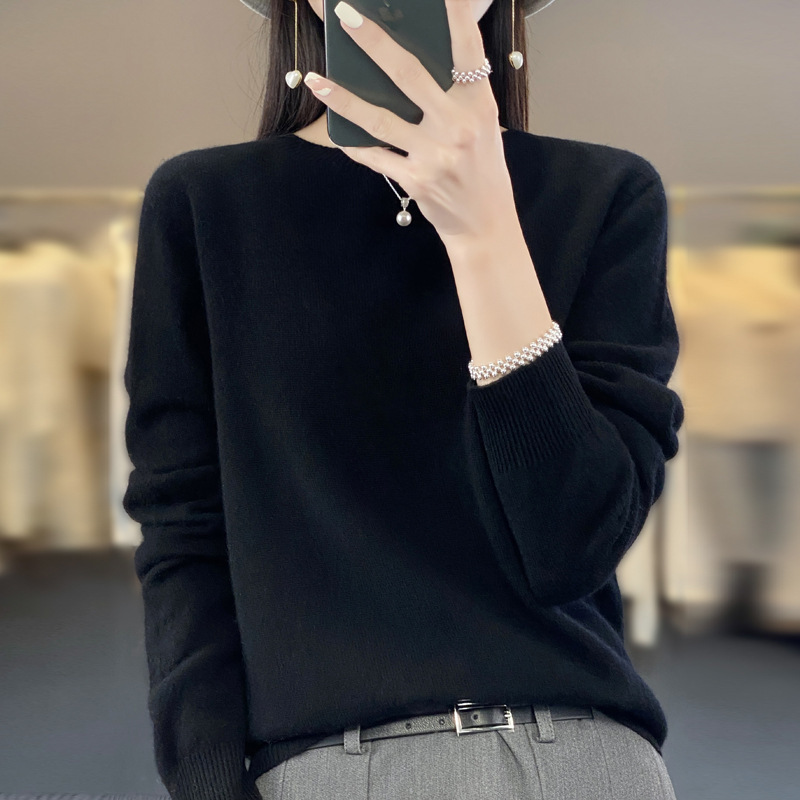一线成衣v领针织衫女套头打底纯羊毛衫秋冬长袖毛衣短款上衣|undefined