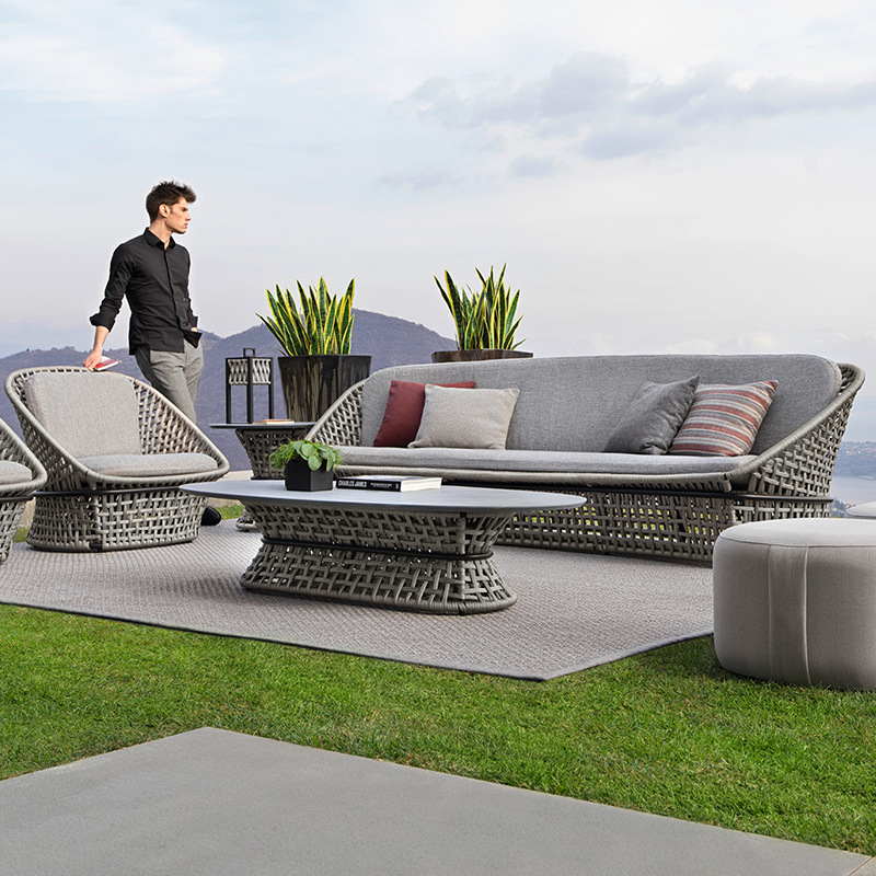 Villa patio al aire libre sofá trenzado de cuerda hotel jardín impermeable protección solar moderno casual mesa de té de aleación de aluminio image 4