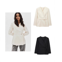 跨境欧美女装速卖通爆款气质优雅百搭时尚v领配腰袋西装外套