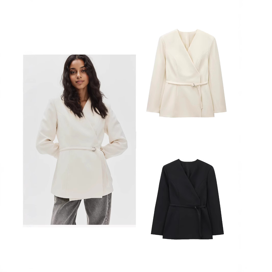 跨境欧美女装速卖通爆款气质优雅百搭时尚v领配腰袋西装外套