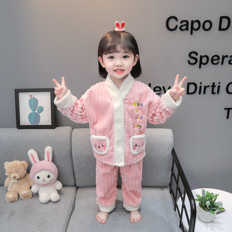 Ropa para el hogar de las niñas otoño e invierno nuevo coral polar forrado de lana engrosada lindo bebé niñas pijamas de franela traje