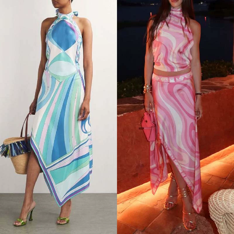 Независимая станция 2025 новый летний сексуальный топ с принтом из сатина без спинки и асимметричная юбка комплект из двух предметов