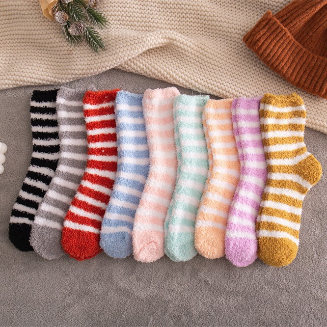 Women's Slippers Socks Amazon Cross-border Sleeping Socks Candy Color Striped Coral Fleece Socks Middle Tube Warm fleece-lined Side Fleece