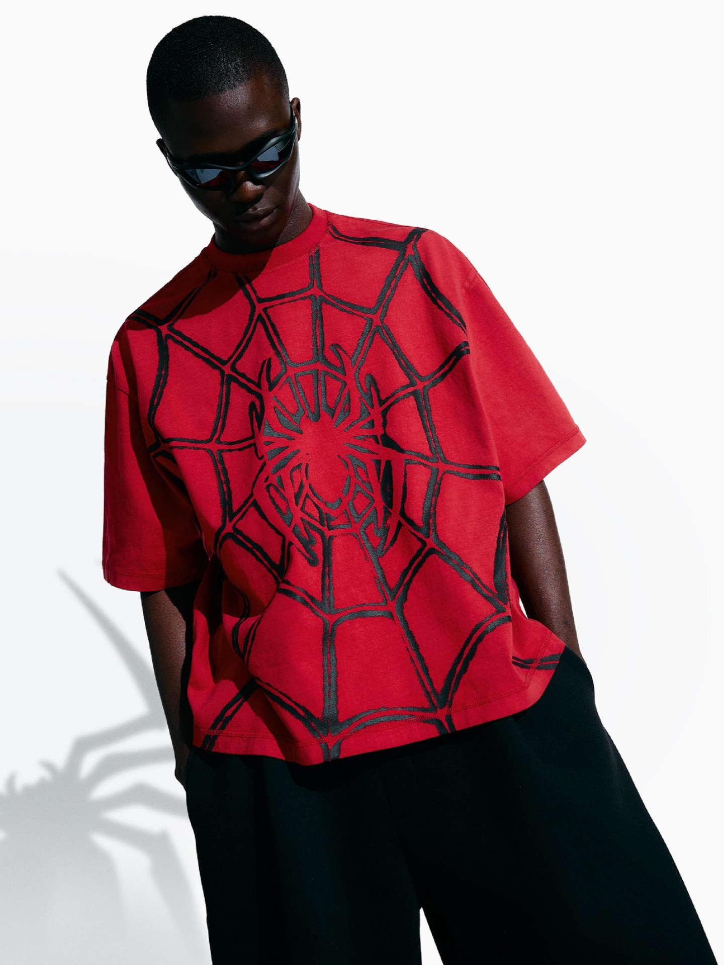Independent Brand 2026 Summer New Spider Web Print Loose T-Shirt Men's High Street Fashion Casual Pullover T-Shirt Top