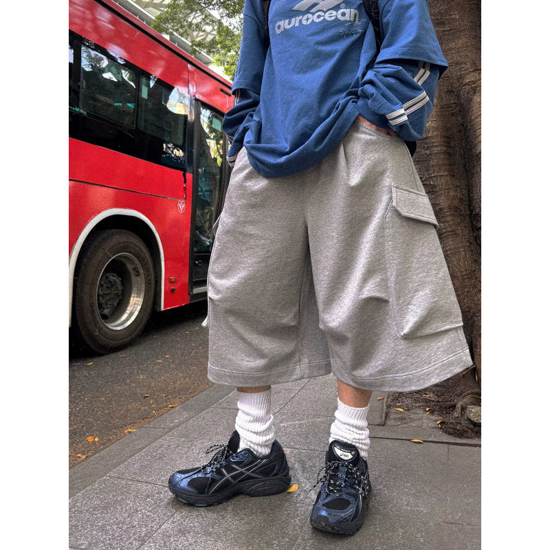 美式街头立体口袋廓形通勤五分裤男女休闲百搭宽松工装不过膝短裤