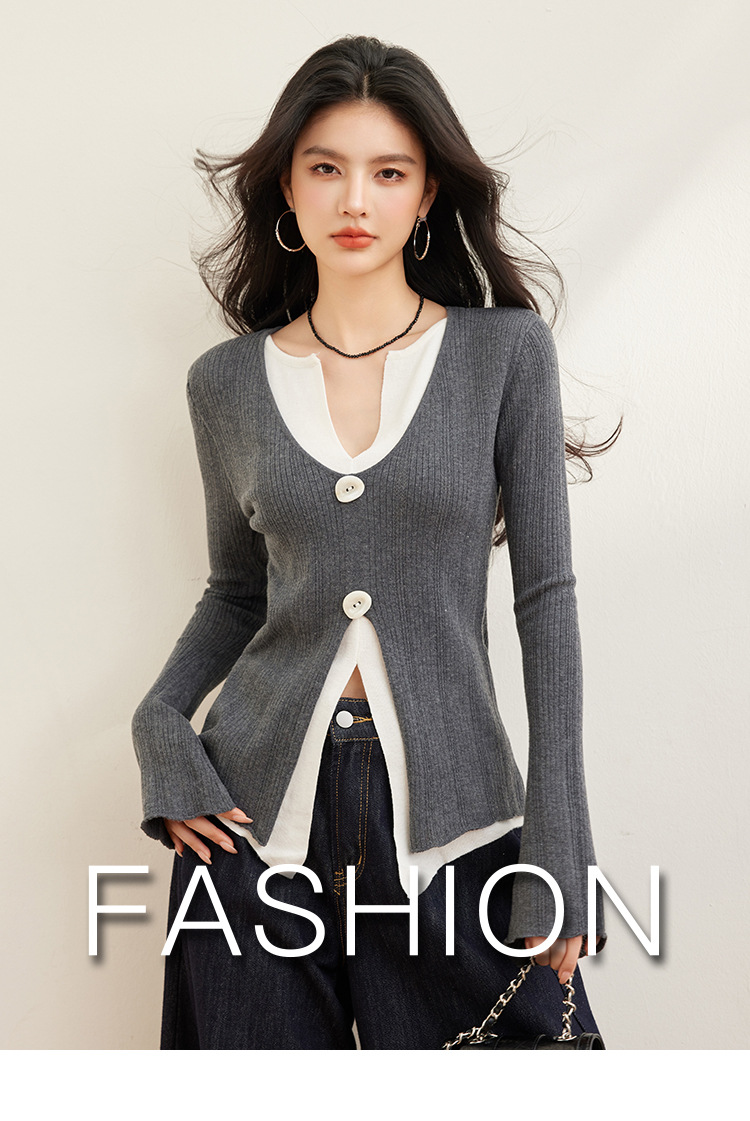 Early Spring New Fake Two Pieces Contrasting Color Design V-Neck Irregular Waist Thin Knitted Top Women 12 O1Cn01Urtb1D1M2G0Cgjz0P !!3434201376 0 Cib