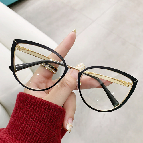 new fashion color-changing anti-blue light flat glasses for men and women without makeup cat-eye metal glasses frames cross-border