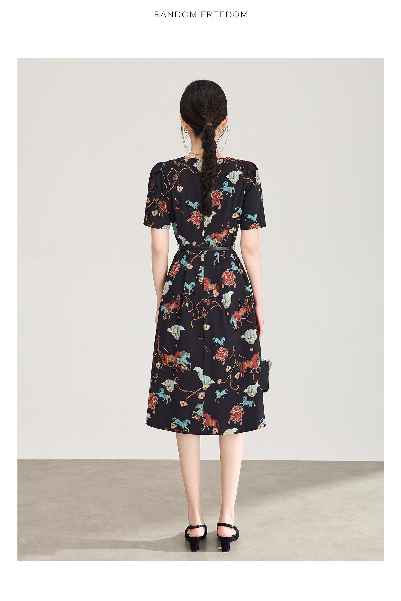 Đầm chữ A tay ngắn in họa tiết chiffon mùa hè — màu đen chi tiết 15
