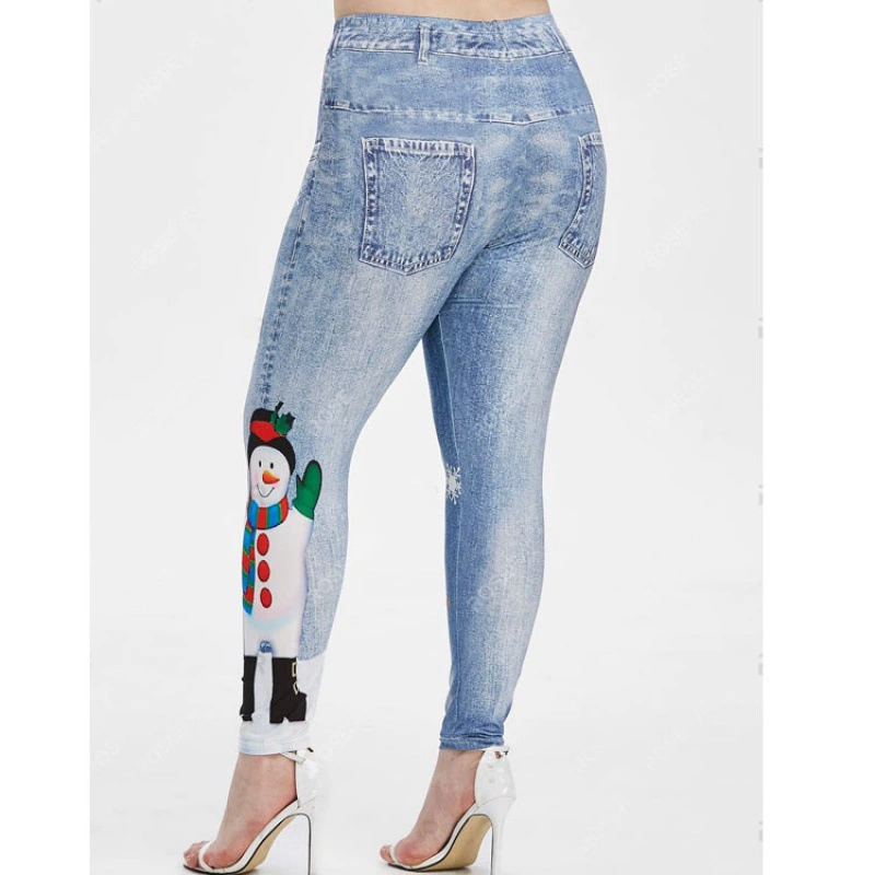 Европейские и американские Новые облегающие брюки для йоги с рождественским принтом из имитации джинсовой ткани, брюки до щиколотки, леггинсы больших размеров, женские брюки