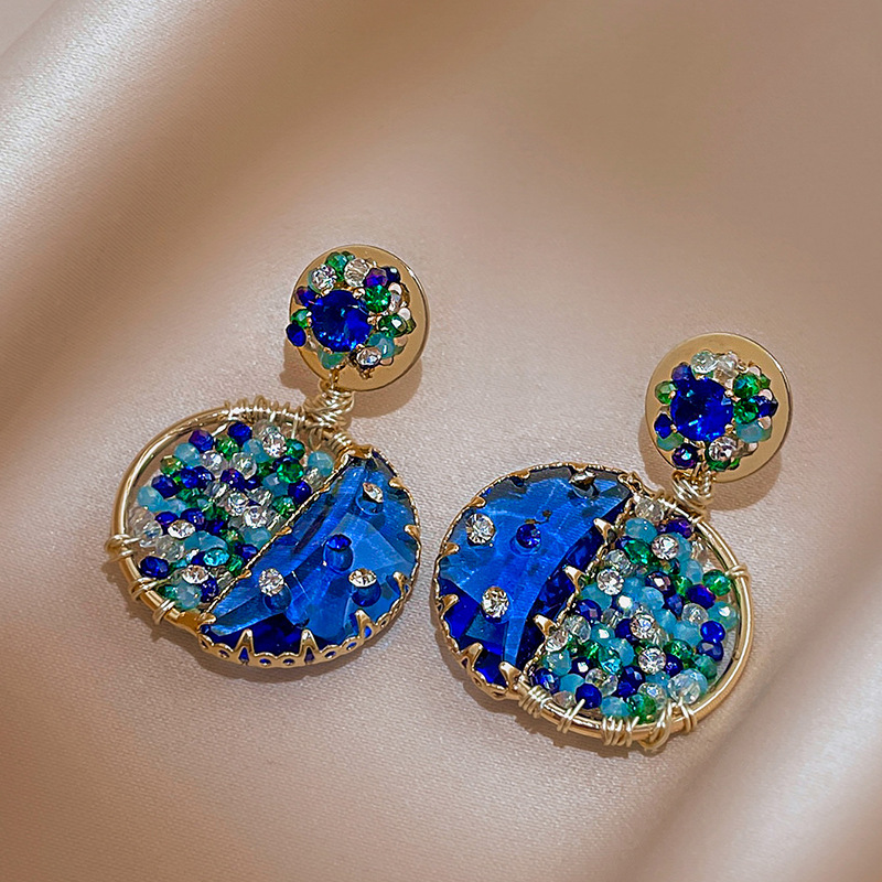 Retro Round Copper Earrings Inlay Rhinestone Zircon Copper Earrings