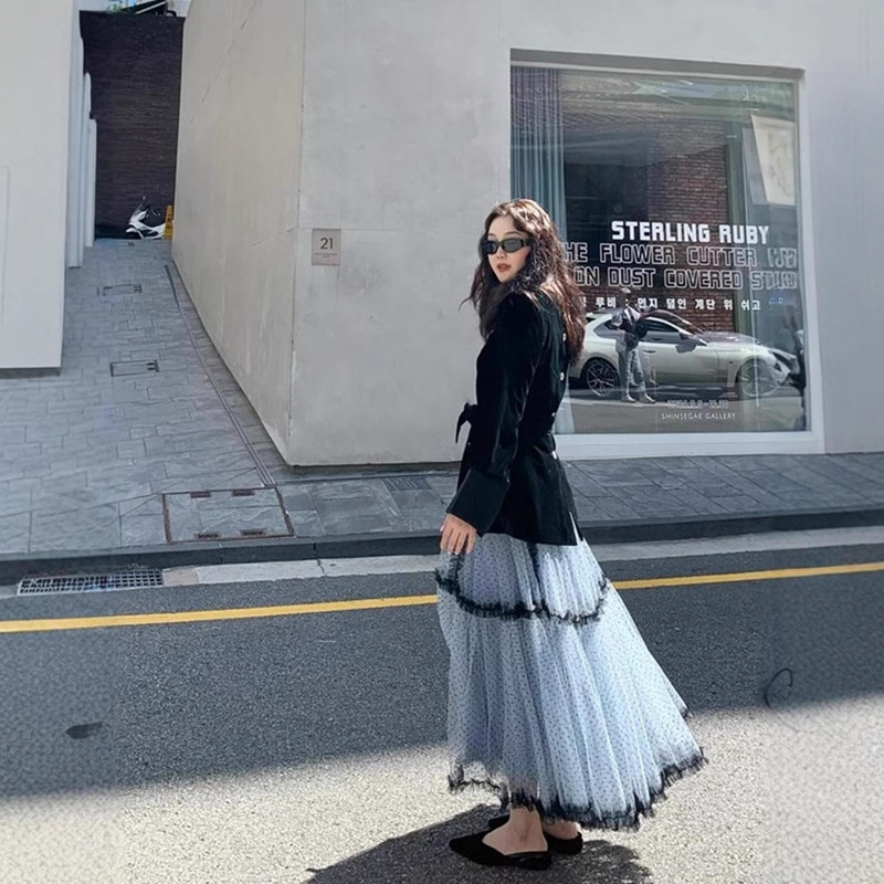 Cross-Border European and American French Heavy Industry Mesh Skirt Pink Polka Dot A-Line Long Skirt 2024 Winter Commuter Cake Skirt Cross-Border European and American French Heavy Industry Mesh Skirt Pink Polka Dot A-Line Long Skirt 2024 Winter Commuter Cake Skirt