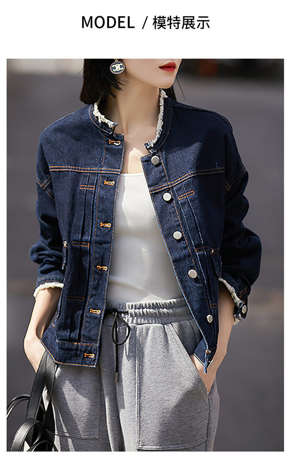 Áo khoác denim nữ cổ tròn tay dài màu xanh đậm phong cách vintage tôn dáng — Màu xanh đậm chi tiết 6
