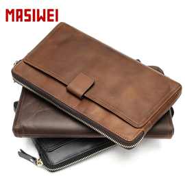 疯马皮商务男士手包高级感简约手拿包头层牛皮多功能手机包手包男