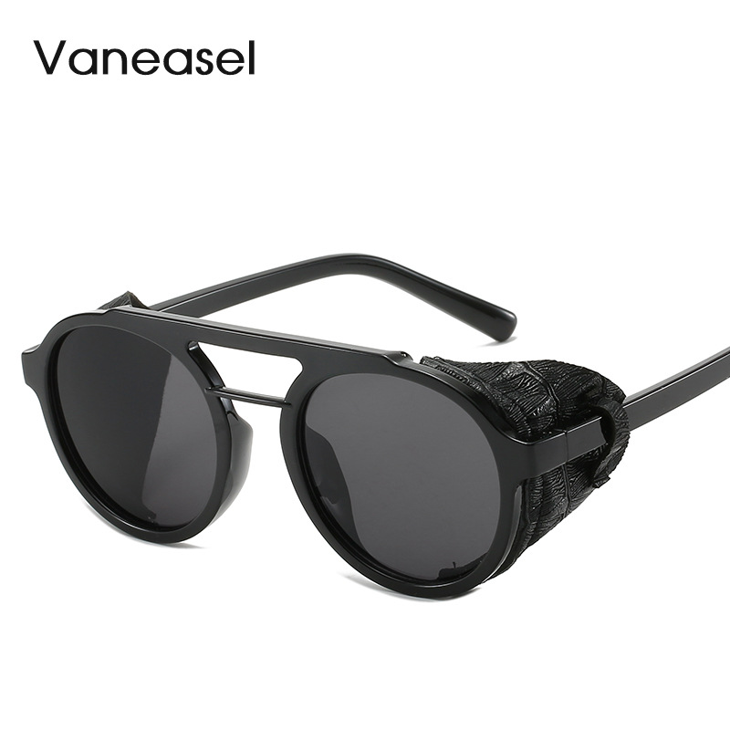 Fábrica al por mayor europea y americana ronda gafas de sol hombres gafas de sol de moda Steampunk imitación cuero doble haz gafas de sol 97042