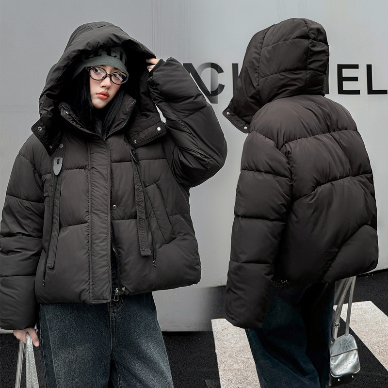 Europa americana ropa de algodón corta mujer invierno 2025 nuevo estilo de moda con capuzas curry grueso chaqueta de algodón