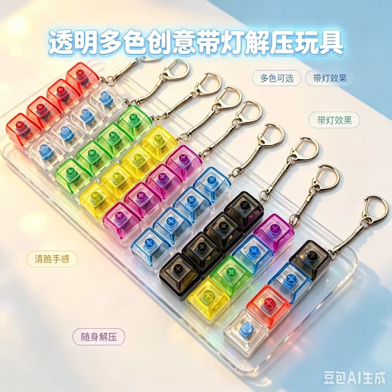 跨境多色透明PC解压按键试轴器机械键盘带灯捏捏减压按键钥匙扣